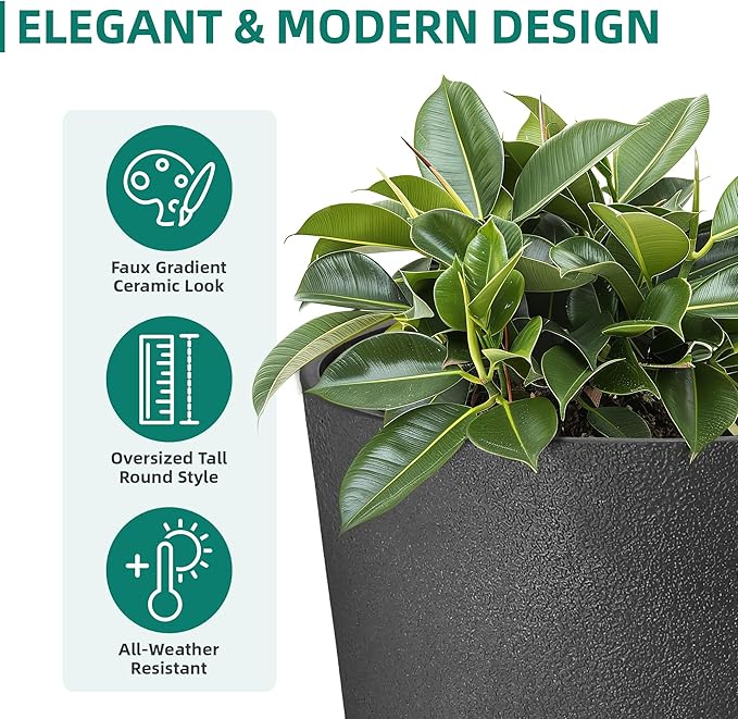 24" Tall Planters for Outdoor Plants, Set of 2 Heavy-Duty Resin Flower Pots, Matte Black Leather Grain Finish, Durable & Weather-Resistant, Ideal for Garden, Patio, Yard, Porch, or Home Use-CasaMuseHome