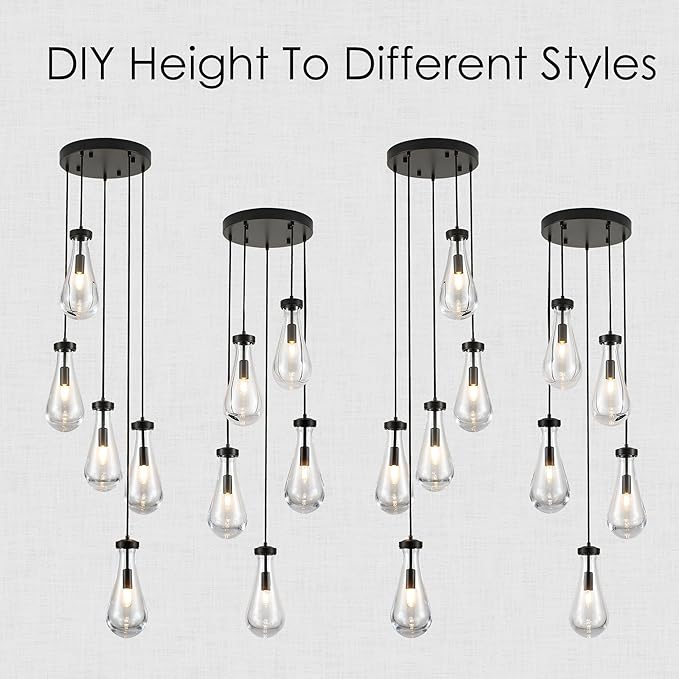 5-Light Raindrop Pendant Light Fixtures, Black Glass Pendant Lighting, Teardrops Modern Hanging Light for Entryway Foyer Kitchen Island Dining Living Room Hallway-CasaMuseHome