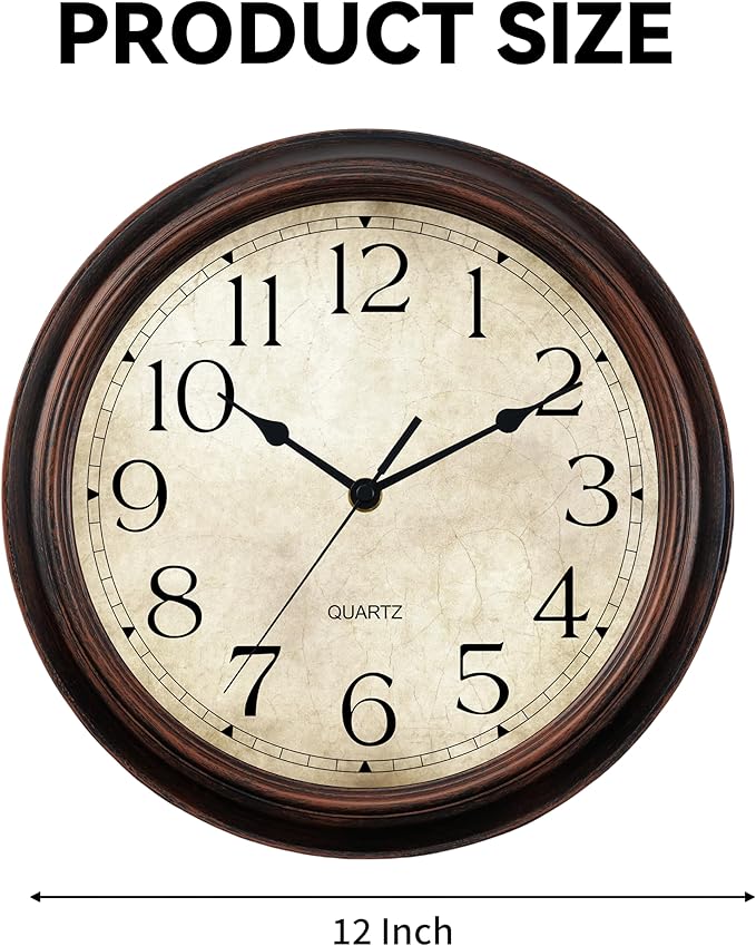 12 Inch Wall Clocks Battery Operated Silent Non-Ticking Analog Wall Clock Vintage Retro Rustic Style Decorative for Living Room Kitchen Home Office(Bronze)-CasaMuseHome