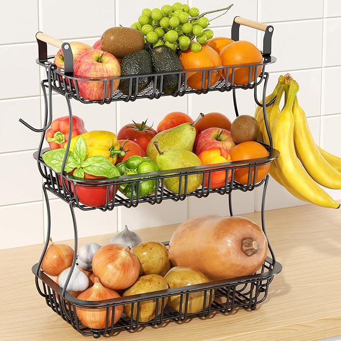 3 Tier Fruit Basket for Kitchen Counter, Fruit Bowl with 2 Banana Hooks Mesh Top, Multifunctional Detachable Sturdy Kitchen Storage Organizer for Vegetables Snacks Onion Potato, Black-CasaMuseHome