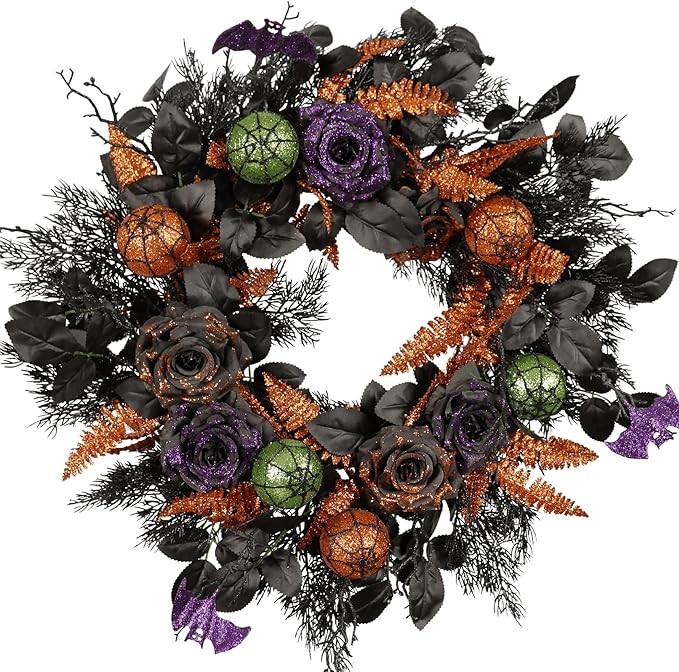 22 Inch Halloween Wreath for Front Door, Spooky Black & Purple Glitter Rose Wreath with Bats & Ornaments, Outdoor Halloween Decorations-CasaMuseHome