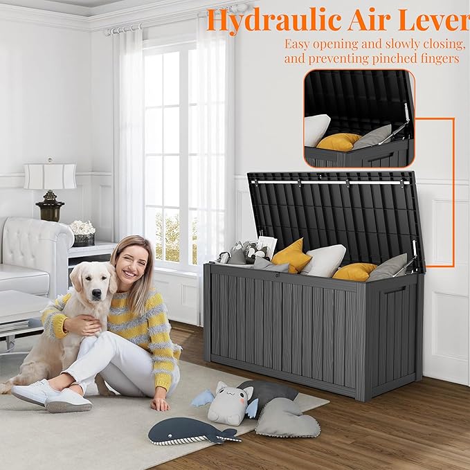 150 Gallon Deck Box,Resin Outdoor Storage Box with Lockable for Patio Furniture, Pool Accessories, Garden Tools Waterproof Outside Storage Box, Black-CasaMuseHome