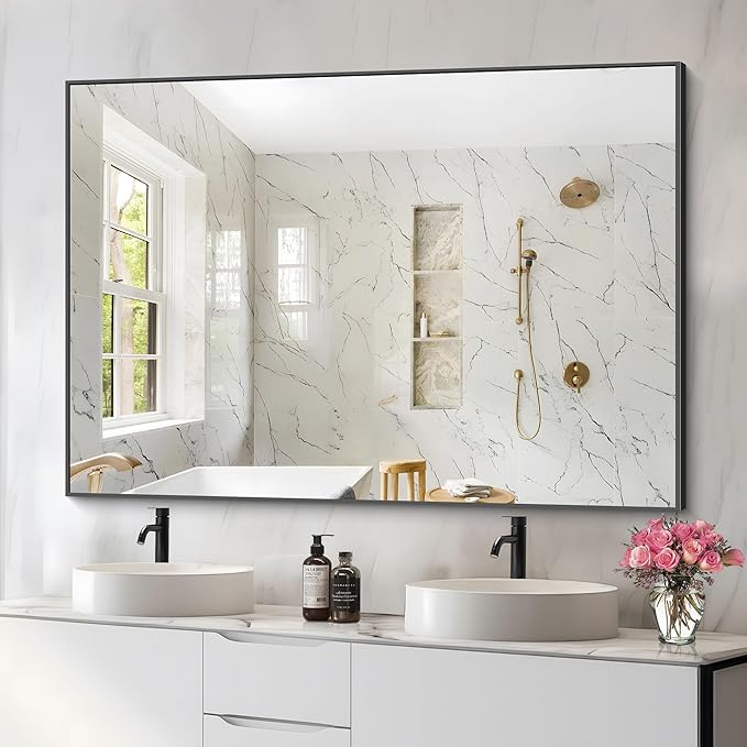 36x50inch Bathroom Mirror, Black Rectangle Mirrors with Thin Metal Frame, Large Rectangular Wall Mirror for Bathroom, Living Roomm, Hair Salon, Big Farmehouse Mirror Hang Horizontal/Vertical-CasaMuseHome