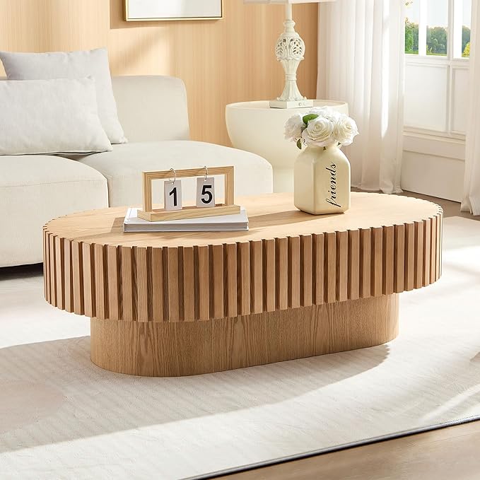 43.7" Oval Coffee Table for Living Room,Modern Handcraft Drum Coffee TableSmall Wooden Coffee Table with Sturdy Pedestal Easy Assembly for Office-Natural-CasaMuseHome
