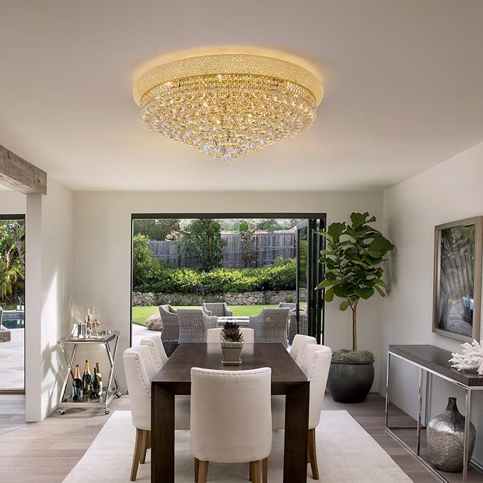 18-Light 32 inch Large Crystal Chandelier Flush Mount Ceiling Light Fixture for Living Room Dining Room Bedroom Foyer Entryway Gold Finish-CasaMuseHome