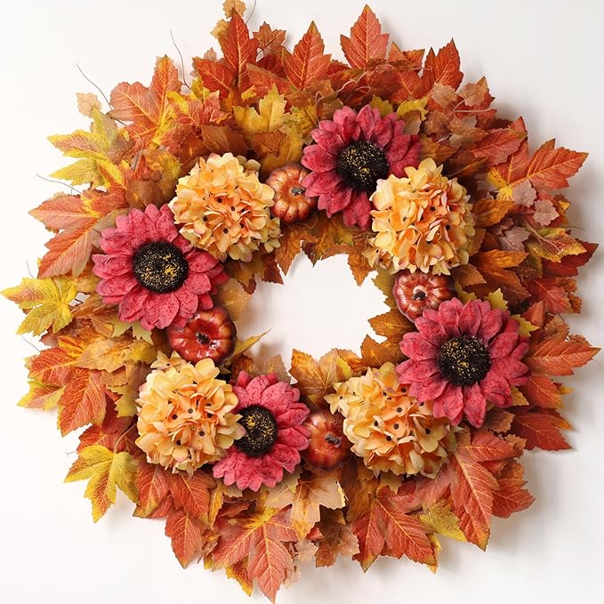 28'' Large Fall Wreath for Front Door, Porch, Window- Artificial Maple Leaves Faux Sunflower Hydrangea Pumpkins Outdoor Autumn Wreath for Home, Farmhouse Wall Thanksgiving Day Harvest Festival Decor-CasaMuseHome