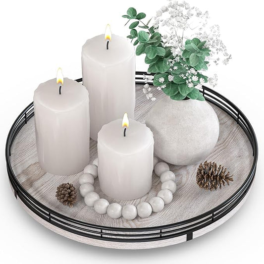 12" Farmhouse Lazy Susan for Kitchen & Coffee Table Decor – Rustic Wood Tray with Black Metal Frame, Decorative Centerpiece for Dining Room, Ottoman, Living Room, Serving or Vanity Use-CasaMuseHome