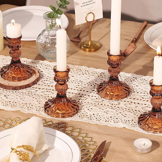12PCS Amber Candlestick Holders Set- 4" H Taper Candle Holders, Glass Candle Holders Bulk for Wedding, Party, Fall Home Table Centerpieces, Festival Gifts & Windowsill Decor-CasaMuseHome