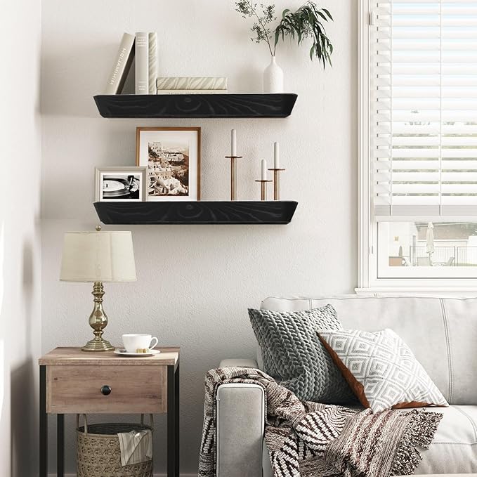 16"x6.8"x1.6" Slanted Floating Wall Shelves 2-Pack - Rustic Black Finish, Heavy-Duty Solid Wood Design with Hidden Brackets - Perfect for Living Room, Kitchen, Bathroom, or Office-CasaMuseHome
