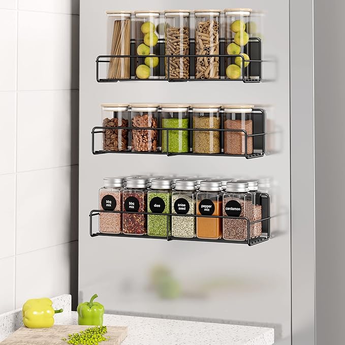 3 Pack Magnetic Spice Rack Organizer, Space Saver for Refrigerator and Whiteboard, Metal Fridge Shelf for Kitchen and Classroom, Black-CasaMuseHome