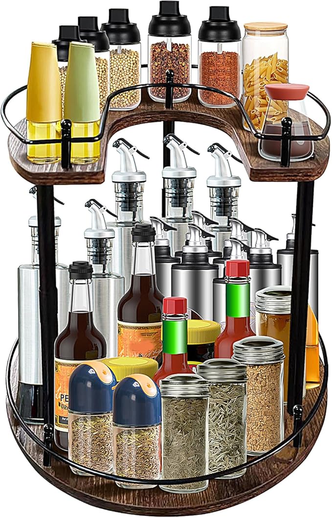 2-Tier Lazy Susan Organizer, Rotating Spice Rack with Stable Carousel Base & 4 Height Settings, Spice Rack Organizer for Cupboard Kitchen Countertop Dining Table-CasaMuseHome
