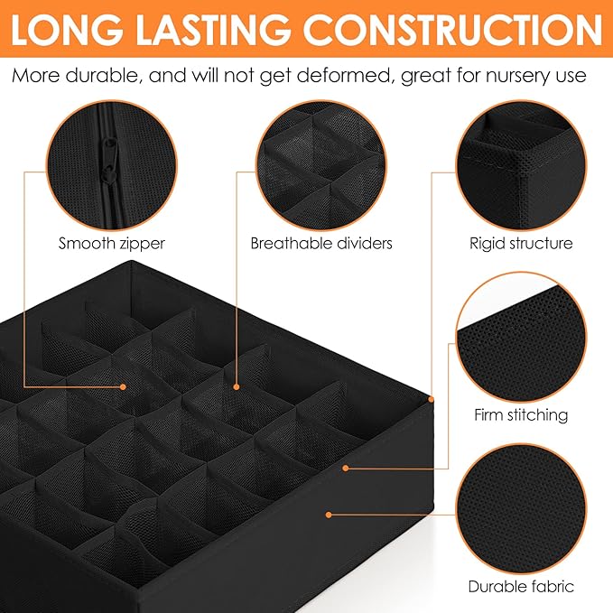 6 Pack Sock Underwear Drawer Organizer Dividers, 58 Cell Foldable Fabric Dresser Closet Organizers and Storage Bins for Clothing, Baby Clothes, Bra, Panty, Scarf, Ties (Black)-CasaMuseHome