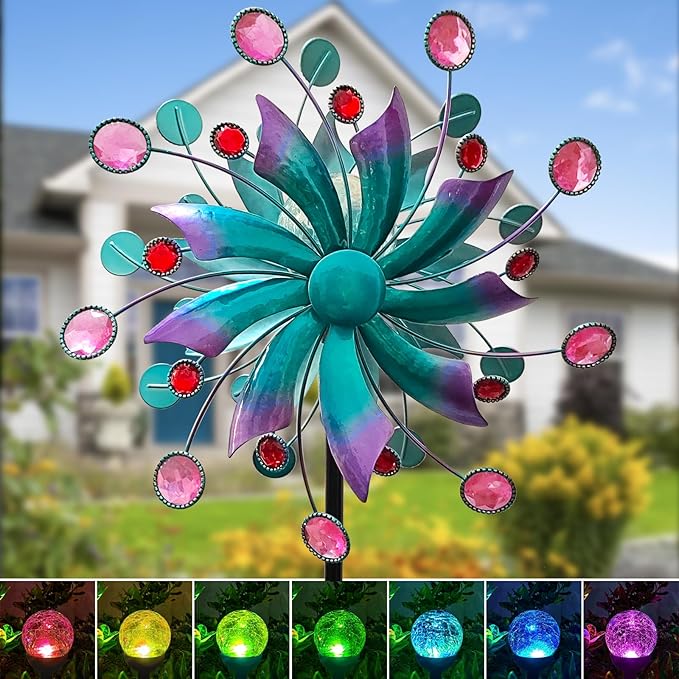 360°Solar Wind Spinner with Lights Blue Metal Garden Outdoor Decor Yard Lawn Art Decor for Patio Kinetic Windmills Unique Gifts for Friends and Family 60.63'' H x 13.38'' Dia-CasaMuseHome