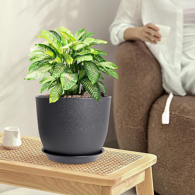 9/8/7.5 inch Plant Pots, Set of 3 Modern Decorative Plastic Planters with Drainage Holes and Tray, Flower Pots for Indoor Outdoor Plants, Black-CasaMuseHome