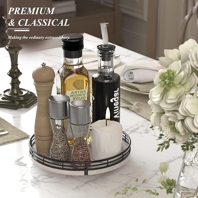 9" Wooden Lazy Susan Organizer for Cabinet, Turntable Round Decorative Tray for Kitchen Sink, Countertop Organizer, Bathroom Counter Organizer for Skincare Makeup, Rustic White-CasaMuseHome