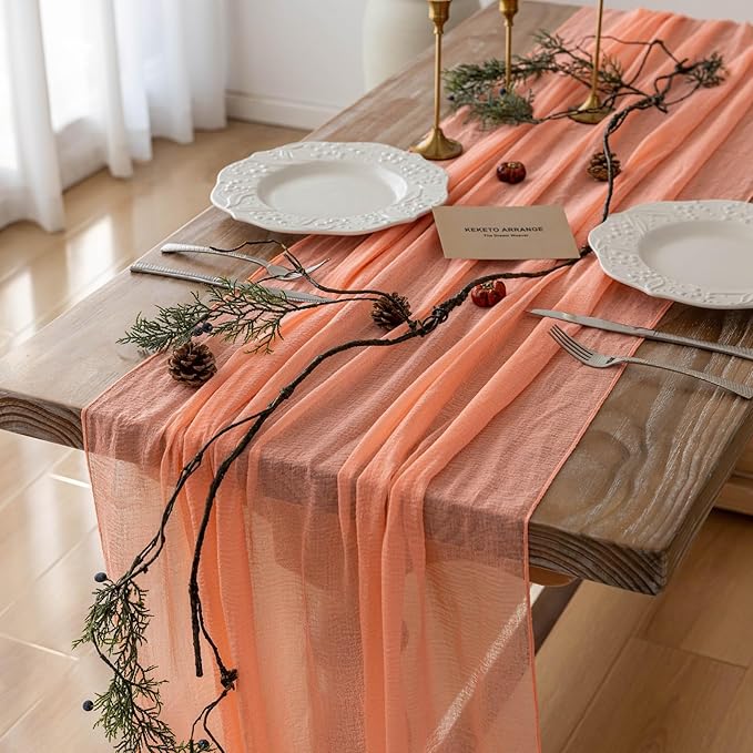 6Pcs Fresh Salmon Cheesecloth Table Runner Gauze 120 Inch 10 FT Boho Cheese Cloth Table Runner for Wedding Baby Shower Bridal Shower Party Sheer Centerpiece Home Decorations-CasaMuseHome