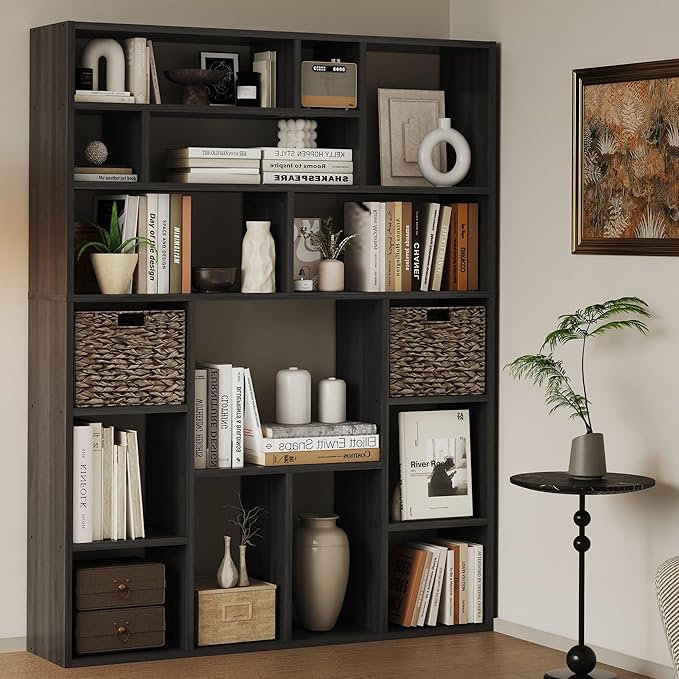 71” Tall Open Black Bookcase with Baskets, Free-Standing 6-Tier Wooden Display Storage Bookshelves with 16 Irregular Cubes for Living Room, Home Decor-CasaMuseHome