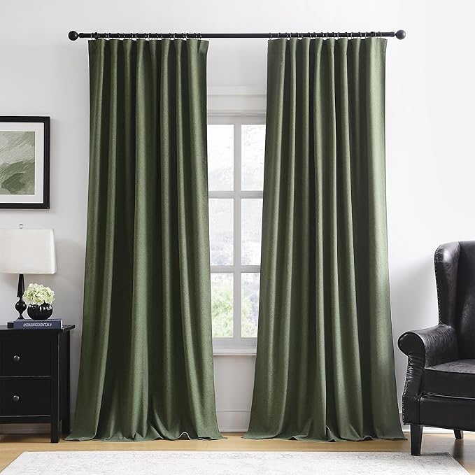 102 Inch Long Linen Blended Blackout Curtains 2 Panels, Back Tab Pleated Look Drapes for Track System with Hooks, Noise Reducing Country Blackout Winodw Curtains 50x102-Loden/Olive Green-CasaMuseHome