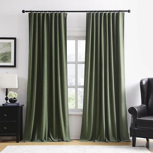 102 Inch Long Linen Blended Blackout Curtains 2 Panels, Back Tab Pleated Look Drapes for Track System with Hooks, Noise Reducing Country Blackout Winodw Curtains 50x102-Loden/Olive Green-CasaMuseHome