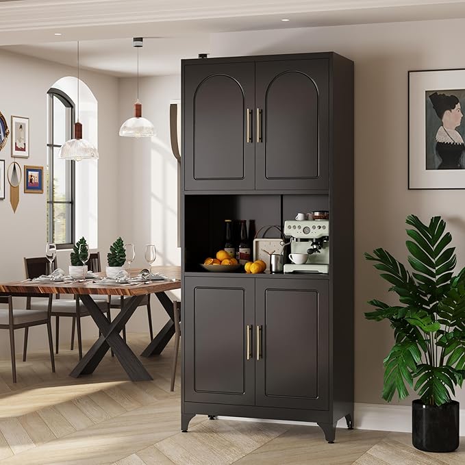 75" Tall Kitchen Pantry Storage Cabinet, Metal Storage Cabinets with 4 Doors and Adjustable Shelves, Black Kitchen Hutch Cabinet with Microwave Stand, Large Cupboard for Dining Living Room-CasaMuseHome