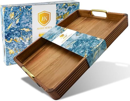 Acacia Wood Serving Tray with Metal Handles – 17x12in Rustic Decorative Ottoman & Coffee Table Tray for Breakfast in Bed, Dinner, Bar, Kitchen, Home Décor & Entertaining-CasaMuseHome