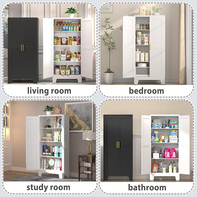 61.02" Pantry Cabinet, Kitchen Pantry Storage Cabinets with Adjustable Shelves and Feet, White Pantry Storage Cabinet for Kitchen, Dining Room, Living Room and Bathroom (White) Metal-CasaMuseHome