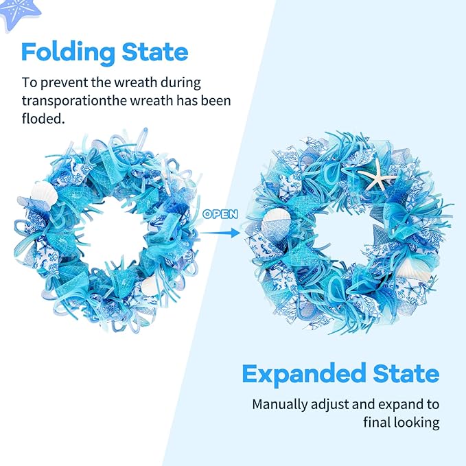 24 Inch Coastal Seashell Large Wreath with Natural Starfish & Scallops Shell, Blue Beach Style Front Door Wreath with for Spring Summer, Farmhouse Rustic Indoor Outdoor Home Wall Wedding Decor-CasaMuseHome