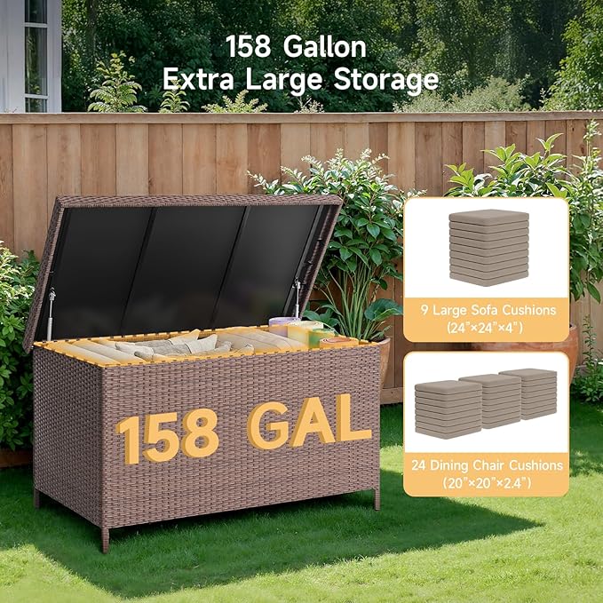 158 Gallon XL Deck Box with Lid, All Weather Wicker Outdoor Storage Box Waterproof, Large Outdoor Patio Storage Bin for Cushions, Garden Tools, Gears, Pool Accessories, Brown-CasaMuseHome