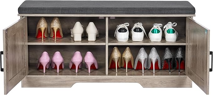 2-Tier Storage Bench, Shoe Bench with Padded Seat Cushion, Entryway Bench with 2 Barn Doors, Adjustable Shelf, 13.8" D x 39.4" W x 17.7" H, for Entryway, Living Room, Bedroom, Greige-CasaMuseHome