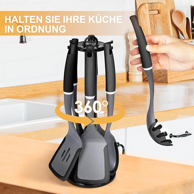 6-Piece Silicone Kitchen Utensil Set with Rotating Stand, Non-Stick, Heat-Resistant (400°F), Nylon Handle, Cooking Spatula Set for Baking & Cooking, Light Gray-CasaMuseHome