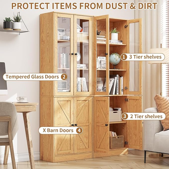 71" Tall Bookcases Set of 2, Bookshelves with Doors, 5-Shelf Bookcase with Storage, Wooden Bookshelf Floor Standing Display Storage Shelves Home Decor Furniture for Living Room,Bedroom,Natural-CasaMuseHome