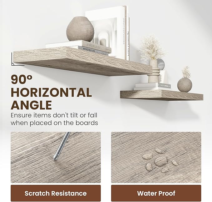 24 Inch Floating Shelves, 11.6 Inch Deep Floating Shelves for Wall, Floating Shelf with Invisible Brackets, Deep Shelves for Bathroom, Bedroom, Living Room, 2 Pack, Vintage Gray Oak-CasaMuseHome