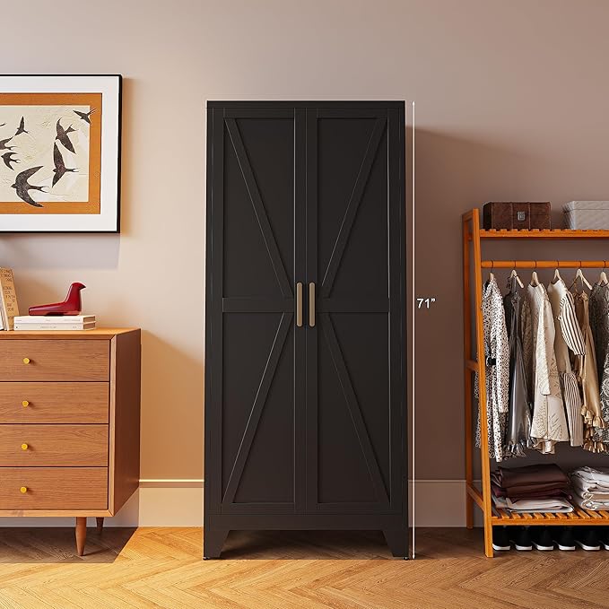 71'' Farmhouse Metal Storage Cabinet with Barn Doors,Steel File Cabinet for Home Office,Kitchen Pantry 4 Adjustable Shelves,Freestanding Cupboard for Kitchen,Home Office (Black)-CasaMuseHome