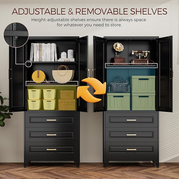 75" Kitchen Pantry Cabinet, Metal Storage Cabinets with Doors and Adjustable Shelves, Black Tall Pantry Cabinet with 3 Drawers for Dinning Living Room-CasaMuseHome