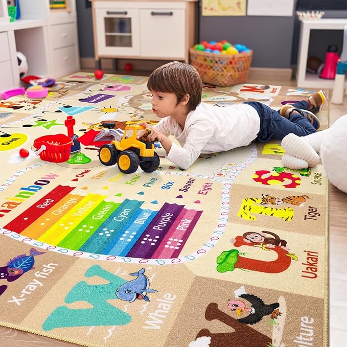 6x9 Playroom Rugs for Kids Washable, Educational and Fun Playmat with ABC Alphabet Animals Shapes Colors, Non-Slip Play Mat Learning Rugs for Baby Toddler Children Game Activity，Beige, Pink-CasaMuseHome