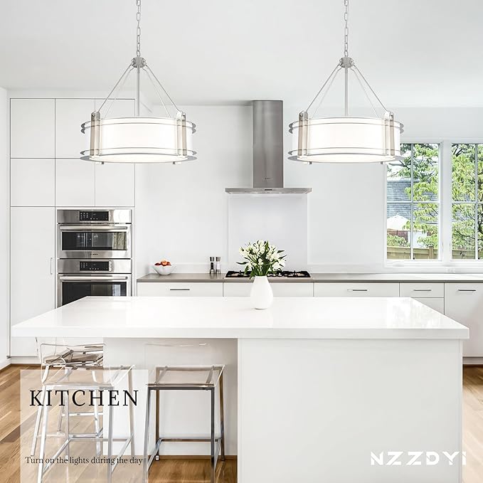 20.4''Drum Chandelier,5-Light Brushed Nickel Modern White Fabric Chandeliers,Farmhouse Round Pendant Light Fixture for Dining Room Kitchen Island Living Room Bedroom Hallway-CasaMuseHome