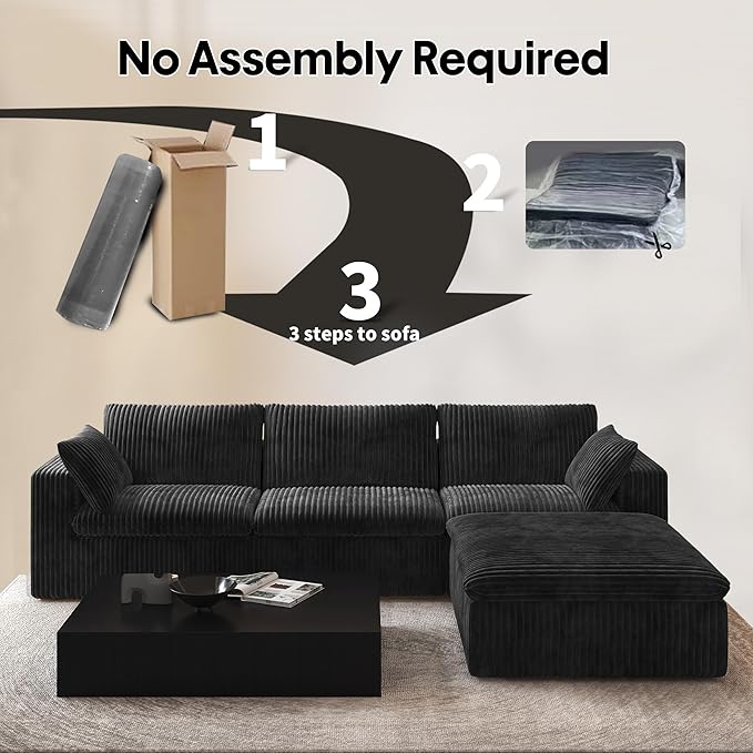 118" L Shaped Modern Sofa Modular Sectional Cloud Couch with Ottoman,Deep Seat Upholstered Couches with Plush Corduroy Fabric for Living Room Furniture,Bedroom and Apartment,No Assembly Required,Black-CasaMuseHome