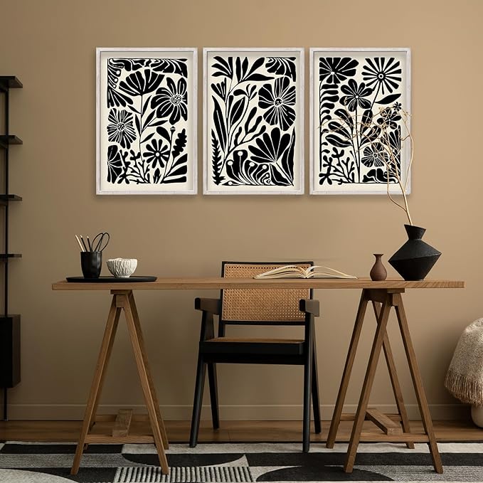 Abstract Floral Botanical Wall Art 16x11 Inch 3 Piece Black Vintage Boho Plant Flower Minimalist Wood Frame Sign Home Living Room Family Office Mid Century Print Wall Hanging Decor (White)-CasaMuseHome