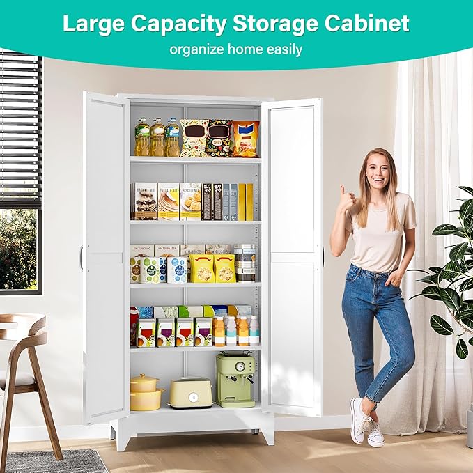 75" Tall Pantry Cabinet,Farmhouse Kitchen Pantry Storage Cabinets with 2 Doors and 5 Shelves,White Metal Storage Cabinet,Large Cupboard for Home,Kitchen,Dining/Living Room-CasaMuseHome