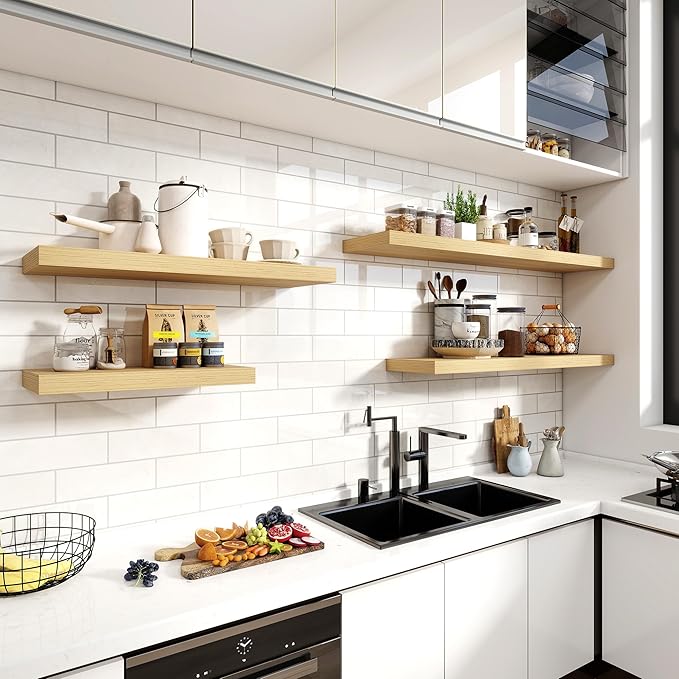 36 Inch Floating Shelves, 11.6 Inch Deep Floating Shelves for Wall, Floating Shelf with Invisible Brackets, Deep Shelves for Bathroom, Bedroom, Living Room, 2 Pack, Natural-CasaMuseHome