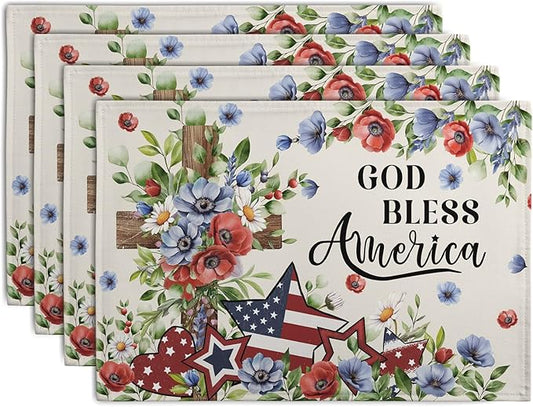 4th of July Placemats Set of 4 Patriotic Floral Cross Stars Independence Memorial Day Place Mats 12x18 Inch God Bless America Linen Fabric Table Mats for Party Kitchen Dining Decoration-CasaMuseHome