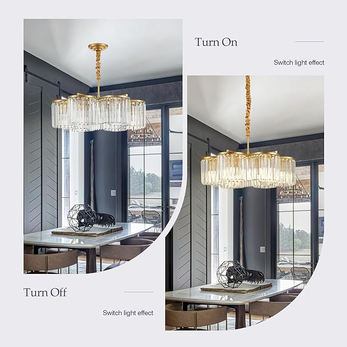 24.4“ Gold Semi Flush Mount Ceiling Light Fixtures, 6-Light Gold Modern Crystal Chandelier Height Adjustable Pendant Lighting for Bedroom Entryway Hallway Kitchen Island Living Room Foyer-CasaMuseHome