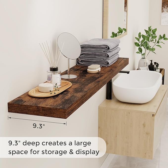 48 Inch Floating Shelves Set of 2, Rustic 48 x 9 Floating Shelf for Wall, 9 Inch Deep Bookshelf Invisible Bracket, Wall-Mounted Deep Shelving for Bedroom, Kicten, Living Room, Rustic Brown Color-CasaMuseHome