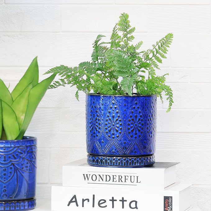 8 Inch + 6 Inch Indoor Plant Pot with Drainage Holes and Saucers, Ceramic Planter for Plants Succulent Orchid Flower Pots-CasaMuseHome