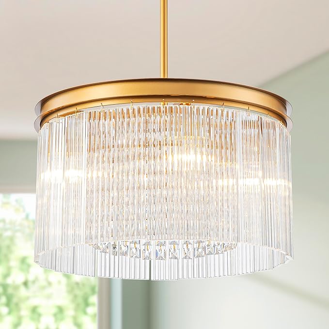 4-Lights Drum Glass Chandelier, Modern Style Light Fixture for Dining Room, Bedroom, Ripple Glass Shade & Brass Finish, D16.5 * H18~48 inch (Adjustable Height)-CasaMuseHome