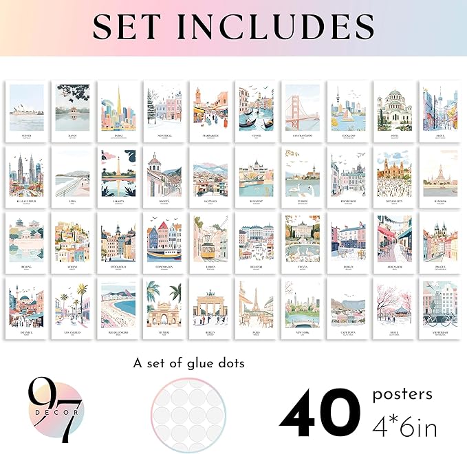 97 DECOR Vintage Travel Decor Posters - World Travel Wall Art Prints, Retro Popular Cities Photo Collage Kit, Trendy City Landscape Aesthetic Pictures for Teen Dorm Bedroom Decorations (40 Pcs, 4"x6")-CasaMuseHome
