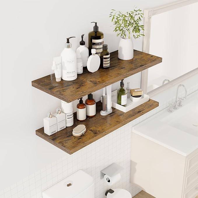 36" Floating Shelves for Wall, 12" Deep Slim Rustic Brown Floating Shelves, Wall-Mounted Shelves for Bedroom, Living Room, Kitchen, Bathroom - Set of 2-CasaMuseHome