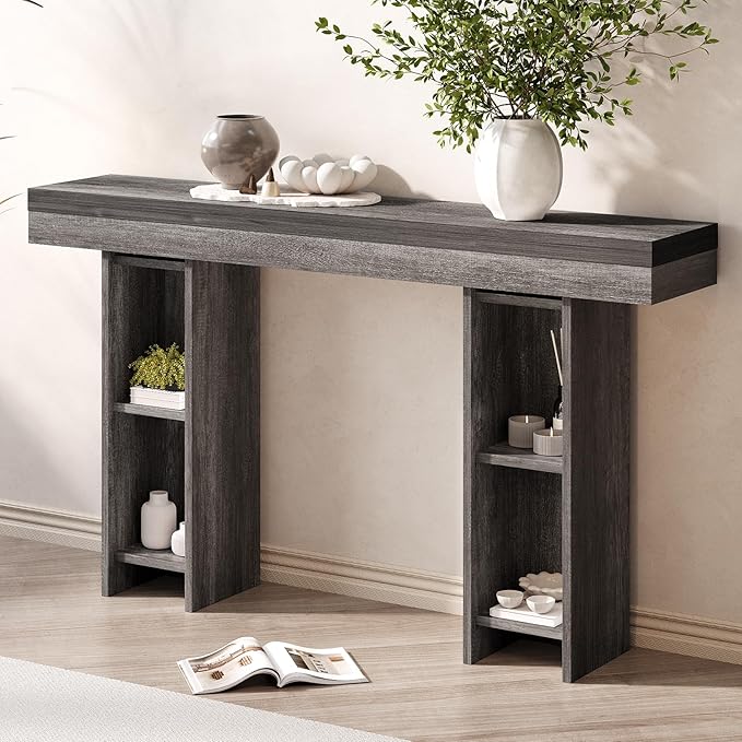 55Inch Farmhouse Console Table,Wooden Rectangular Sofa Table Behind The Couch,Entryway Console Table with Storage for Living Room, Hallway,Entrance (Grey)-CasaMuseHome