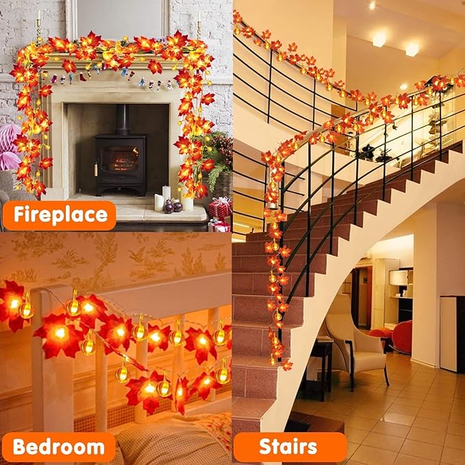 2 Pack Fall Garland with Pumpkin Lights Halloween Decorations Indoor 60 LED 20 Ft Enlarged Maples Leaves Fall Lights Battery Operated Halloween Garland Thanksgiving Decor Home Indoor Outdoor Christmas-CasaMuseHome