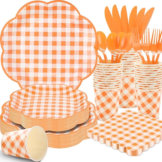 350 Pcs Orange and White Gingham Party Supplies - Orange Gingham Paper Plates and Napkins Sets Serve 50 - Scalloped Checkered Plates for Birthday Picnic Fall Halloween Thanksgivng Party Decorations-CasaMuseHome